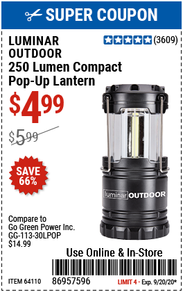 LUMINAR OUTDOOR 250 Lumen Compact Pop-Up Lantern for $3.99