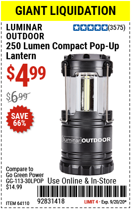 LUMINAR OUTDOOR 250 Lumen Compact Pop-Up Lantern for $3.99