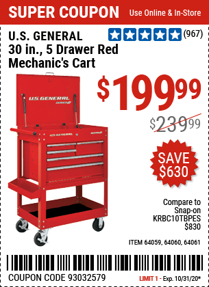 30 in. 5 Drawer Red Mechanic's Cart