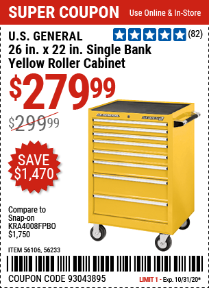 26 in. x 22 In. Single Bank Yellow Roller Cabinet