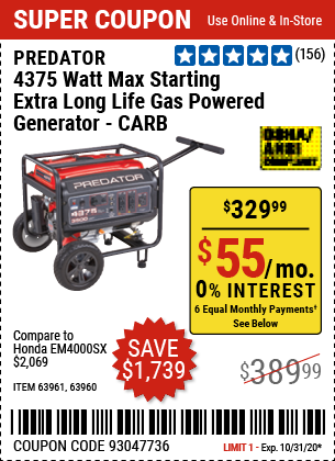4375 Watt Max Starting Extra Long Life Gas Powered Generator - CARB