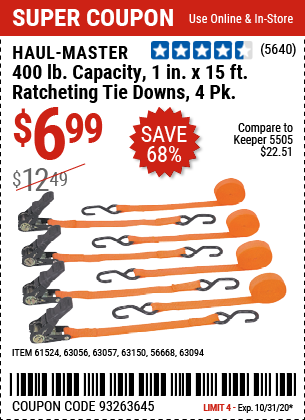 400 lb. Capacity 1 in. x 15 ft. Ratcheting Tie Downs, 4 Pk.