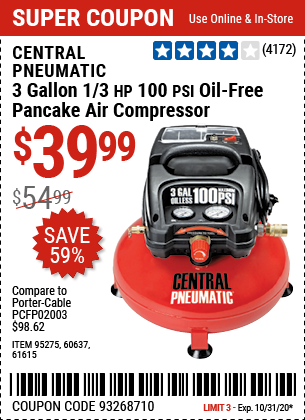 3 gallon 1/3 HP 100 PSI Oil-Free Pancake Air Compressor