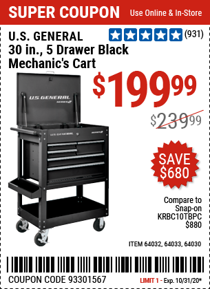 30 in. 5 Drawer Black Mechanic's Cart