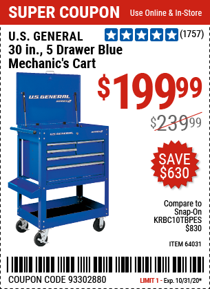 30 in. 5 Drawer Blue Mechanic's Cart