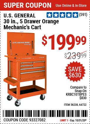 30 in. 5 Drawer Orange Mechanic's Cart