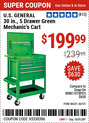 30 in. 5 Drawer Green Mechanic's Cart
