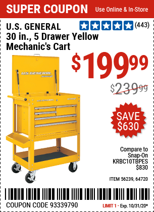 30 in. 5 Drawer Yellow Mechanic's Cart