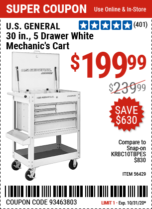 30 in. 5 Drawer White Mechanic's Cart