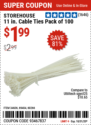 11 in. White Cable Ties 100 Pk.