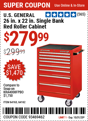 26 in. x 22 In. Single Bank Red Roller Cabinet