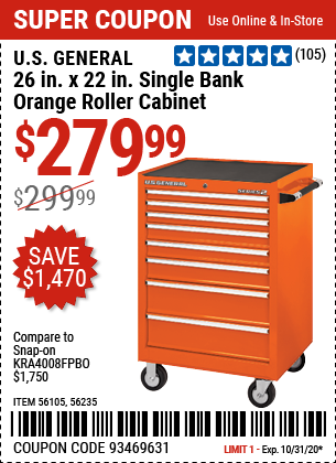 26 in. x 22 In. Single Bank Orange Roller Cabinet