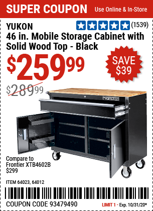 46 in. Mobile Workbench with Solid Wood Top - Black