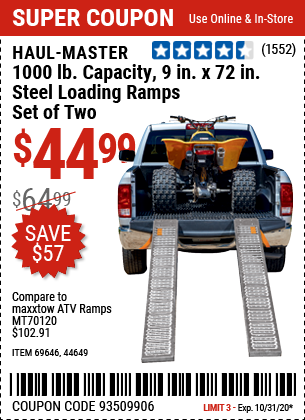 1000 lb. Capacity 9 in. x 72 in. Steel Loading Ramps, Set of Two