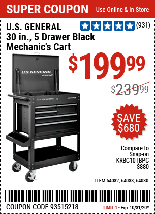 30 in. 5 Drawer Black Mechanic's Cart