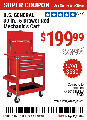 30 in. 5 Drawer Red Mechanic's Cart