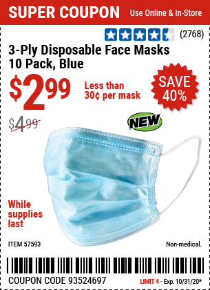 3-Ply Disposable Face Masks - 10 Pack, Blue