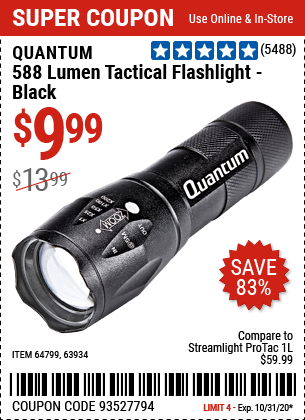 588 Lumen Tactical Flashlight - Black