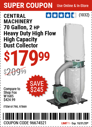 70 gallon 2 HP Heavy Duty High Flow High Capacity Dust Collector