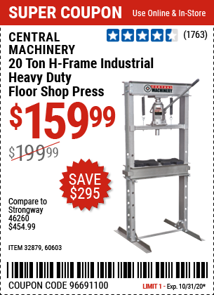 20 Ton H-Frame Industrial Heavy Duty Floor Shop Press