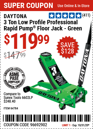 3 Ton Low Profile Professional Rapid Pump® Floor Jack - Green