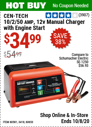 CEN-TECH 10/2/50A 12v Manual Charger With Engine Start for $34.99