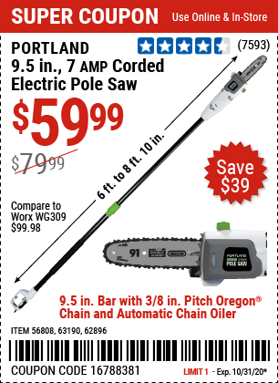 PORTLAND 9.5 In. 7 Amp Electric Pole Saw for $59.99 – Harbor Freight