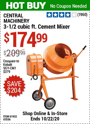 CENTRAL MACHINERY 3-1/2 Cubic Ft. Cement Mixer for $174.99 – Harbor
