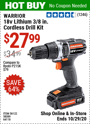 WARRIOR 18V Lithium 3/8 in. Cordless Drill Kit for $27.99 – Harbor Freight  Coupons