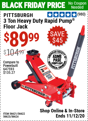 PITTSBURGH AUTOMOTIVE 3 Ton Steel Heavy Duty Floor Jack With Rapid Pump for  $89.99 – Harbor Freight Coupons