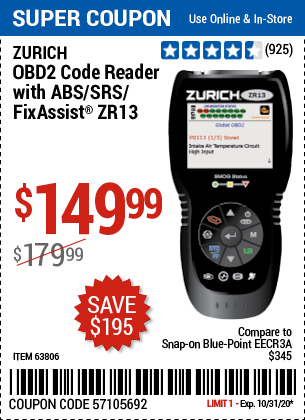 ZR13 OBD2 Code Reader with ABS/SRS/FixAssist®