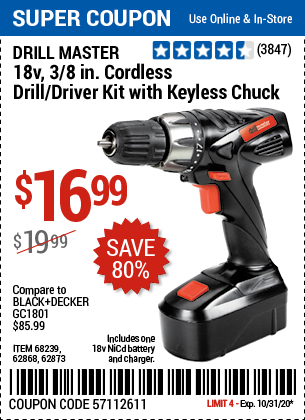 18V 3/8 in. Cordless Drill/Driver Kit With Keyless Chuck, 21 Clutch Settings