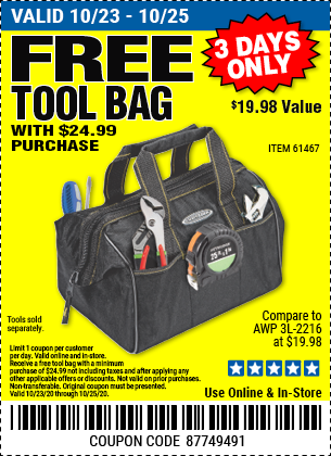 Spend $24.99 & Get 61467 Tool Bag for Free