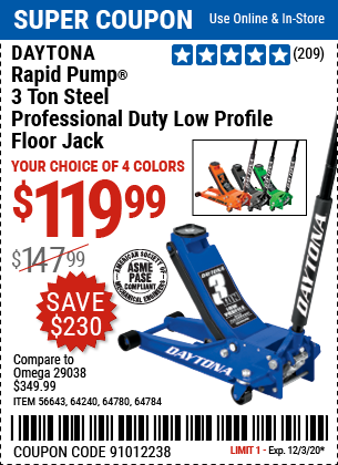 3 Ton Low Profile Professional Rapid Pump® Floor Jack - Blue