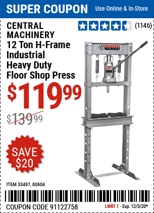 12 ton H-Frame Industrial Heavy Duty Floor Shop Press