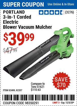 PORTLAND 3-In-1 Electric Blower Vacuum Mulcher for $39.99 – Harbor Freight  Coupons