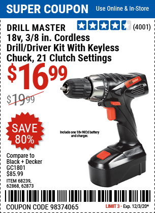 DRILL MASTER 18V 3/8 in. Cordless Drill/Driver Kit With Keyless Chuck 21  Clutch Settings for $16.99 – Harbor Freight Coupons