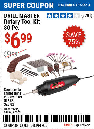 DRILL MASTER Rotary Tool Kit 80 Pc. for $6.99 – Harbor Freight Coupons