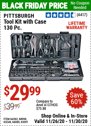 PITTSBURGH 130 Pc Tool Kit With Case for $29.99 – Harbor Freight Coupons