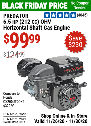 PREDATOR ENGINES 6.5 HP (212cc) OHV Horizontal Shaft Gas Engine for $99
