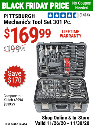 PITTSBURGH 301 Pc Mechanic’s Tool Set for $169.99 – Harbor Freight Coupons