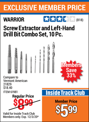 WARRIOR Screw Extractor and Left-Hand Drill Bit Combo Set 12 Pc. for $5.99  – Harbor Freight Coupons