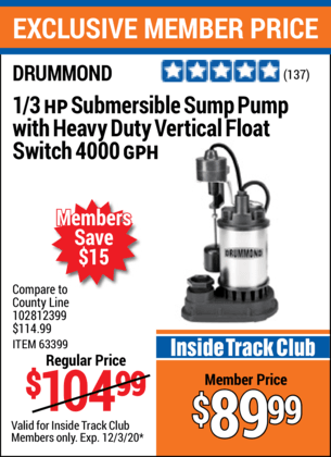 hyppigt meddelelse sæt DRUMMOND 1/3 HP Submersible Sump Pump with Heavy Duty Vertical Float Switch  4000 GPH for $89.99 – Harbor Freight Coupons