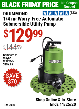 leder sommer Snuble DRUMMOND 1/4 HP Worry-Free Automatic Submersible Utility Pump for $129.99 –  Harbor Freight Coupons