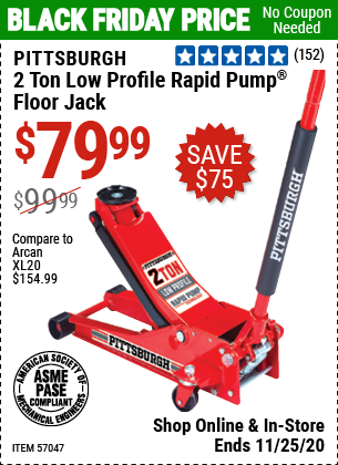 PITTSBURGH 2 Ton Low Profile Rapid Pump Floor Jack for $79.99 – Harbor  Freight Coupons