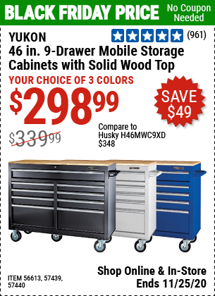 YUKON 46 In. 9-Drawer Mobile Storage Cabinet With Solid Wood Top for  $298.99
