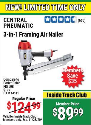 CENTRAL PNEUMATIC 3-in-1 Framing Air Nailer for $89.99 – Harbor Freight