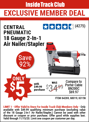 CENTRAL PNEUMATIC 18 Gauge 2-In-1 Air Nailer/Stapler for $5 – Harbor