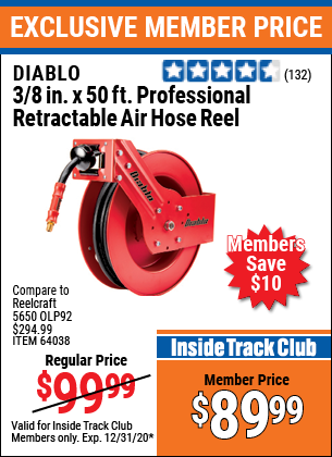 DIABLO 3/8 In. X 50 Ft. Professional Retractable Air Hose Reel for $89.99 – Harbor  Freight Coupons