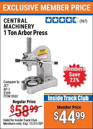 CENTRAL MACHINERY 1 Ton Arbor Press for $44.99 – Harbor Freight Coupons